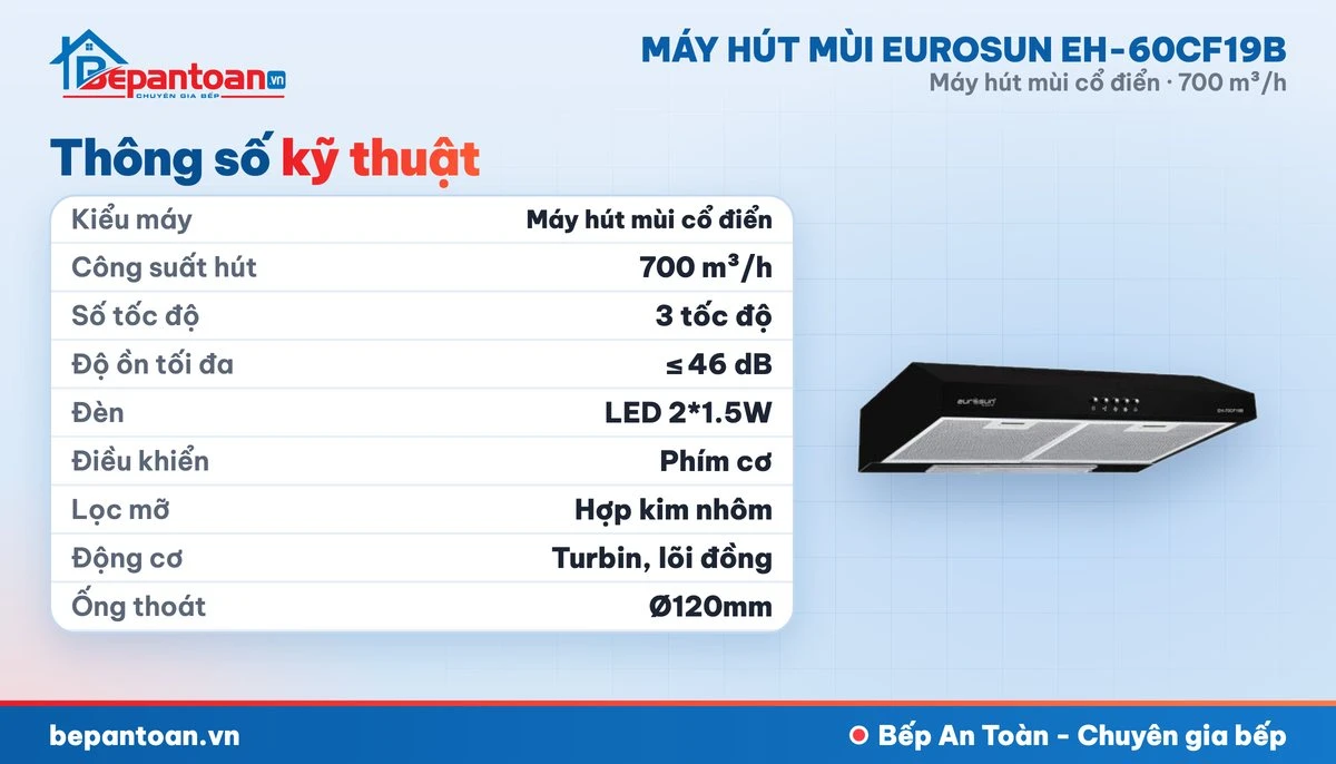 Máy hút mùi Eurosun EH-60CF19B - thông số kỹ thuật