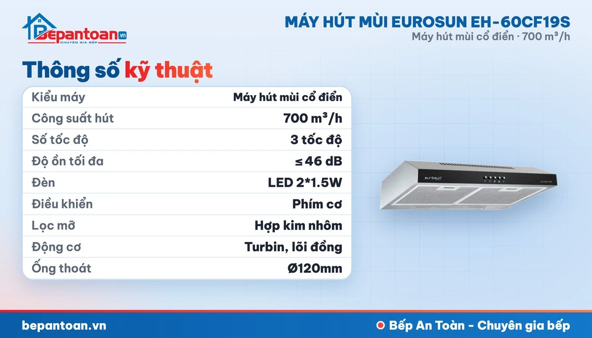 Máy hút mùi Eurosun EH-60CF19S - thông số kỹ thuật