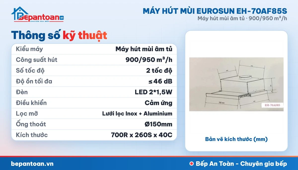 Máy hút mùi Eurosun EH-70AF85S - thông số kỹ thuật