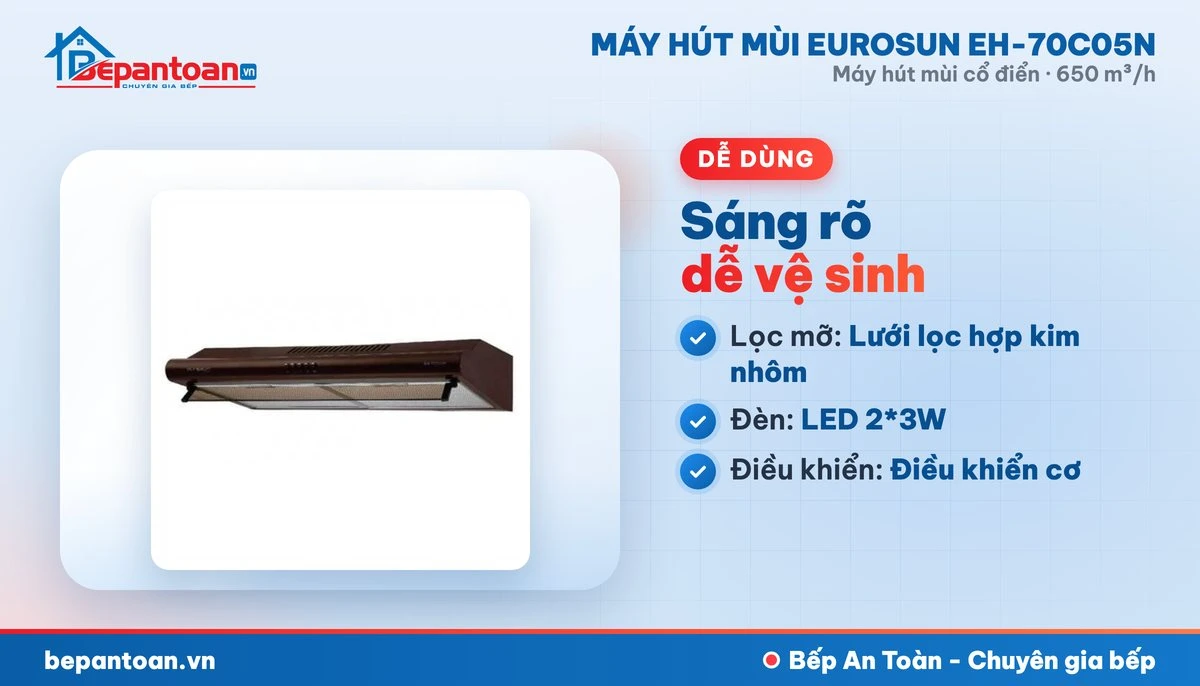 Máy hút mùi Eurosun EH-70C05N - lọc mỡ và đèn
