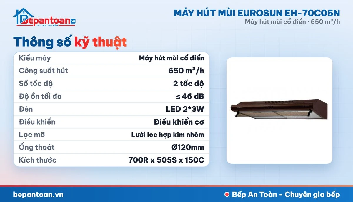 Máy hút mùi Eurosun EH-70C05N - thông số kỹ thuật
