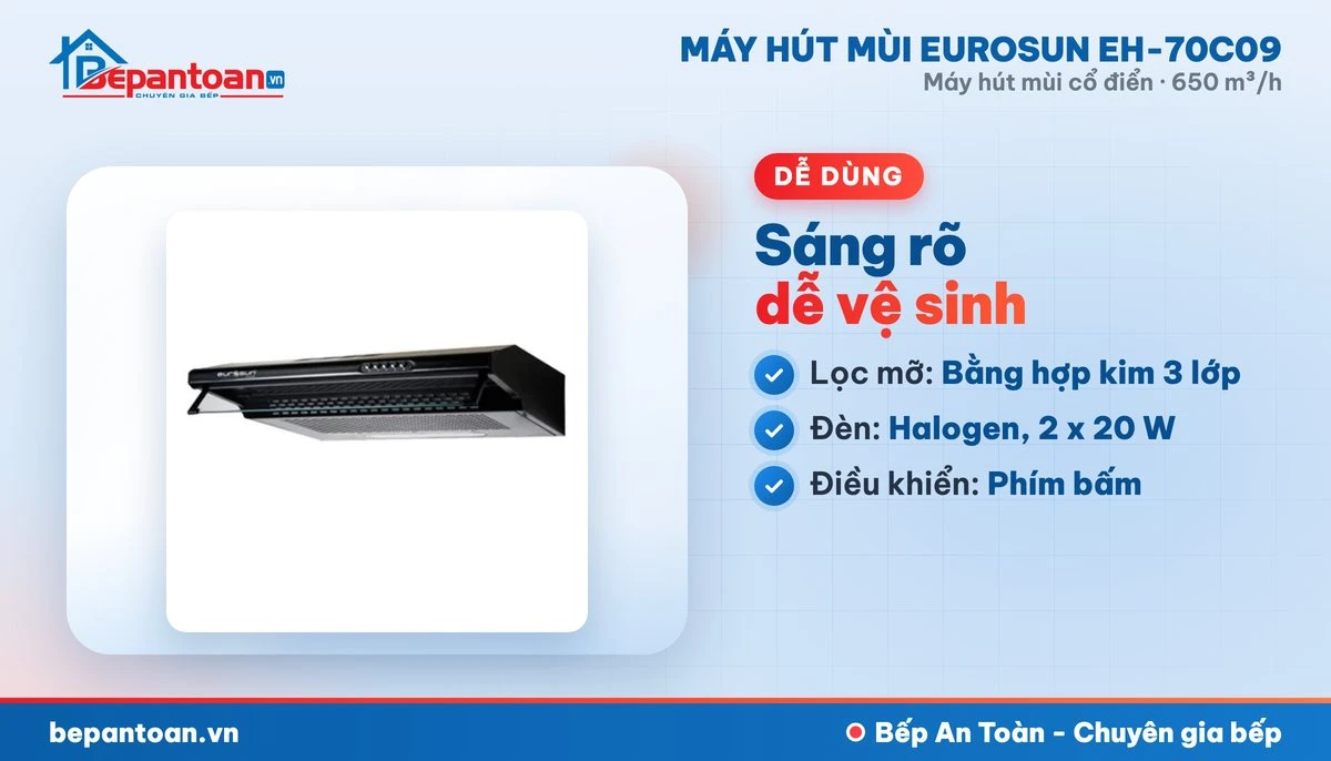Máy hút mùi Eurosun EH-70C09 - lọc mỡ và đèn