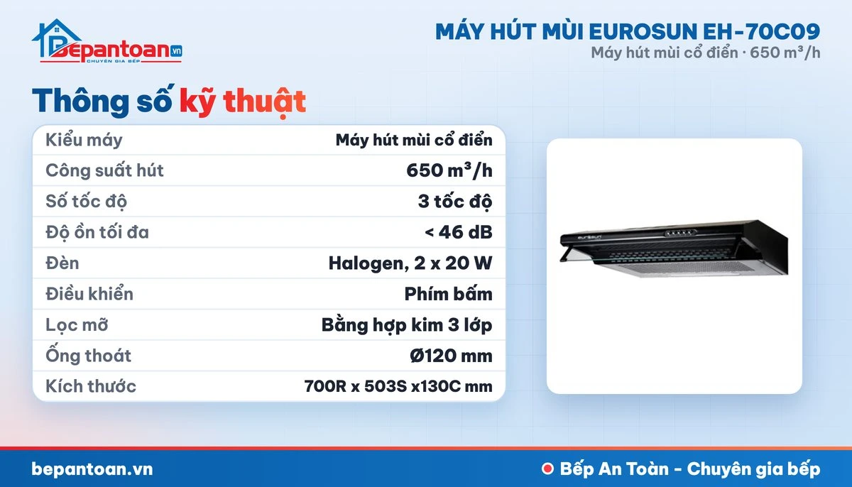 Máy hút mùi Eurosun EH-70C09 - thông số kỹ thuật