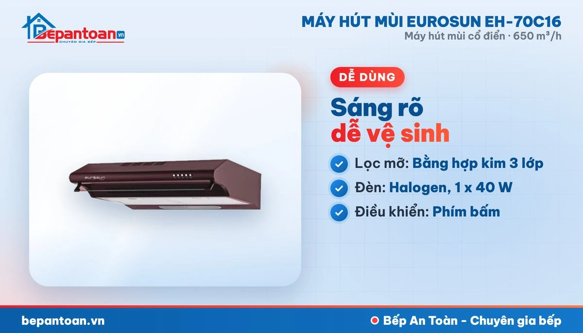 Máy hút mùi Eurosun EH-70C16 - lọc mỡ và đèn