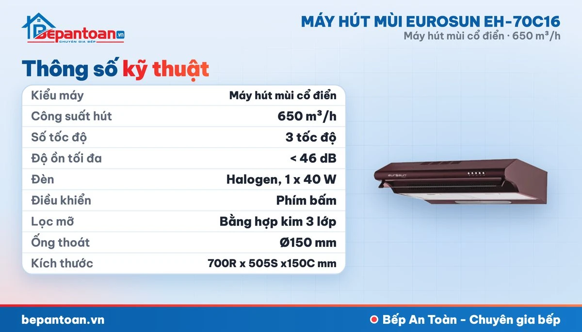 Máy hút mùi Eurosun EH-70C16 - thông số kỹ thuật