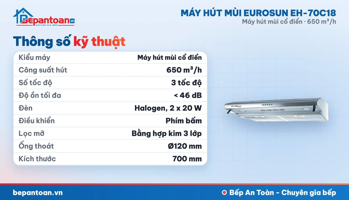 Máy hút mùi Eurosun EH-70C18 - thông số kỹ thuật