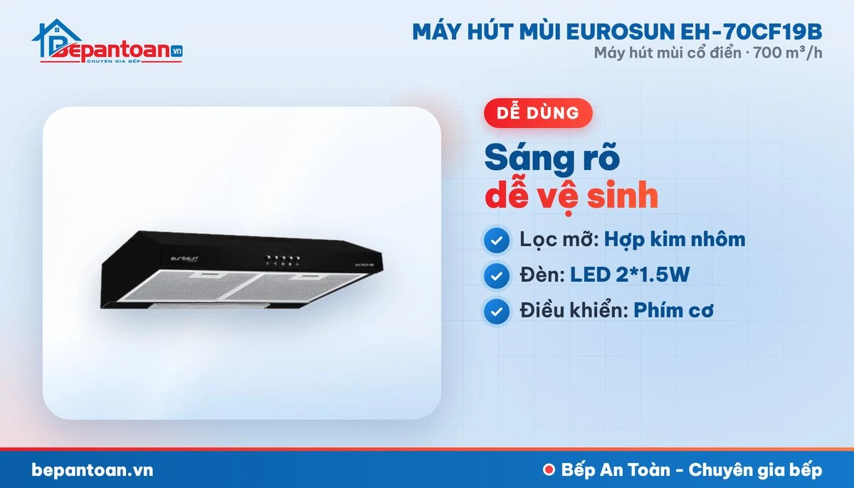 Máy hút mùi Eurosun EH-70CF19B - lọc mỡ và đèn