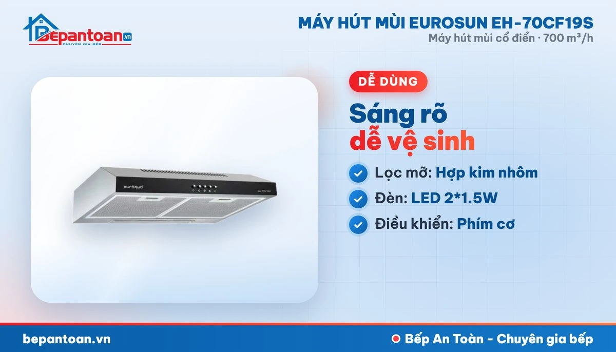 Máy hút mùi Eurosun EH-70CF19S - lọc mỡ và đèn