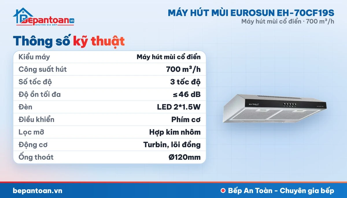 Máy hút mùi Eurosun EH-70CF19S - thông số kỹ thuật