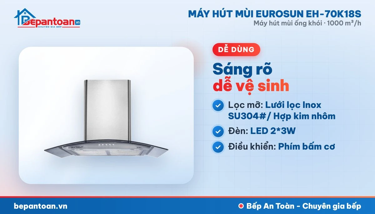 Máy hút mùi Eurosun EH-70K18S - lọc mỡ và đèn