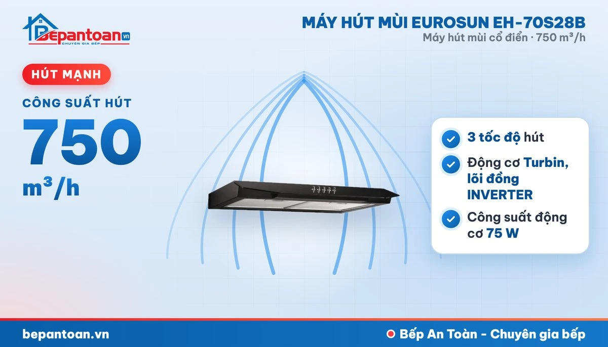 Máy hút mùi Eurosun EH-70S28B - công suất hút