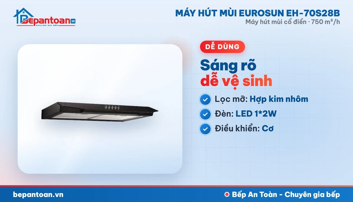 Máy hút mùi Eurosun EH-70S28B - lọc mỡ và đèn
