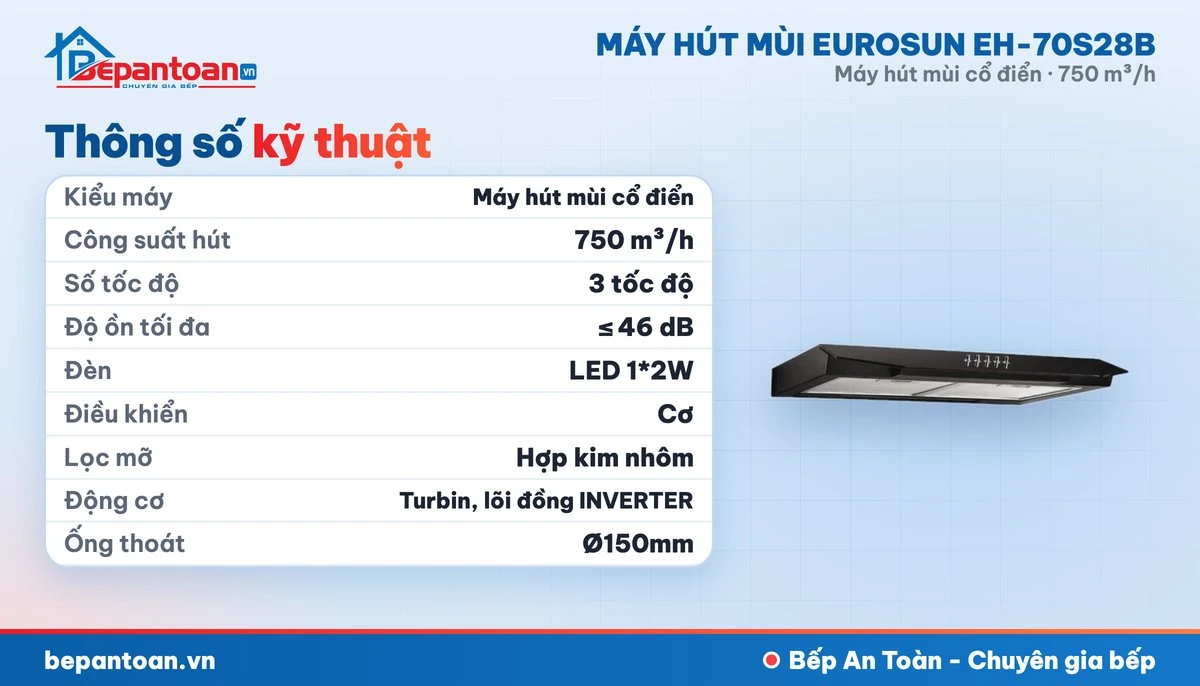Máy hút mùi Eurosun EH-70S28B - thông số kỹ thuật