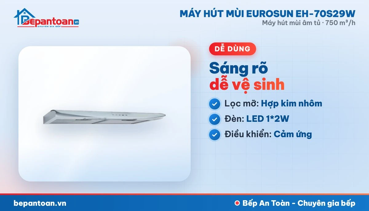 Máy hút mùi Eurosun EH-70S29W - lọc mỡ và đèn