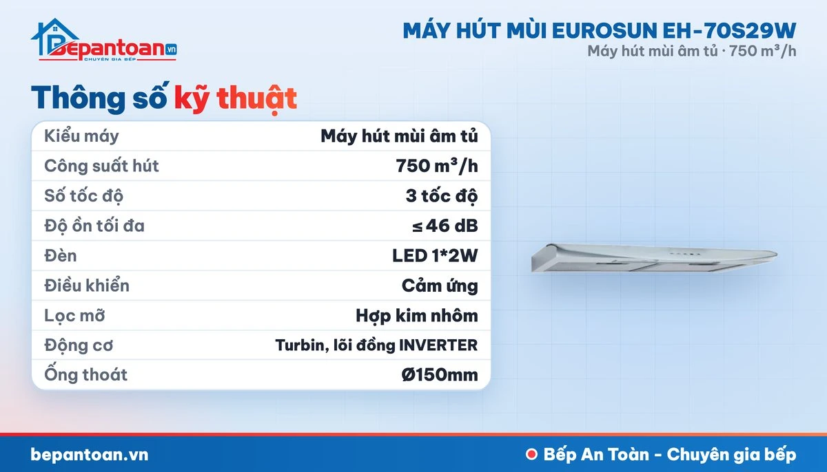 Máy hút mùi Eurosun EH-70S29W - thông số kỹ thuật