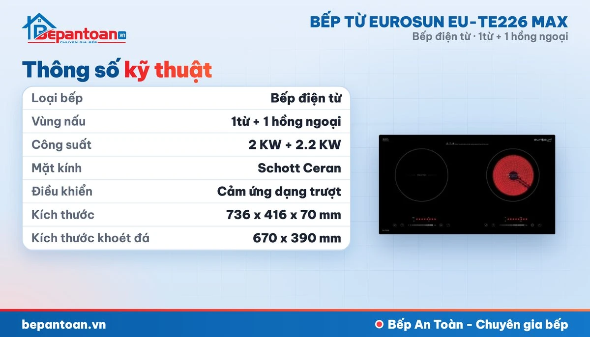 Bếp điện từ Eurosun EU-TE226 MAX - thông số kỹ thuật