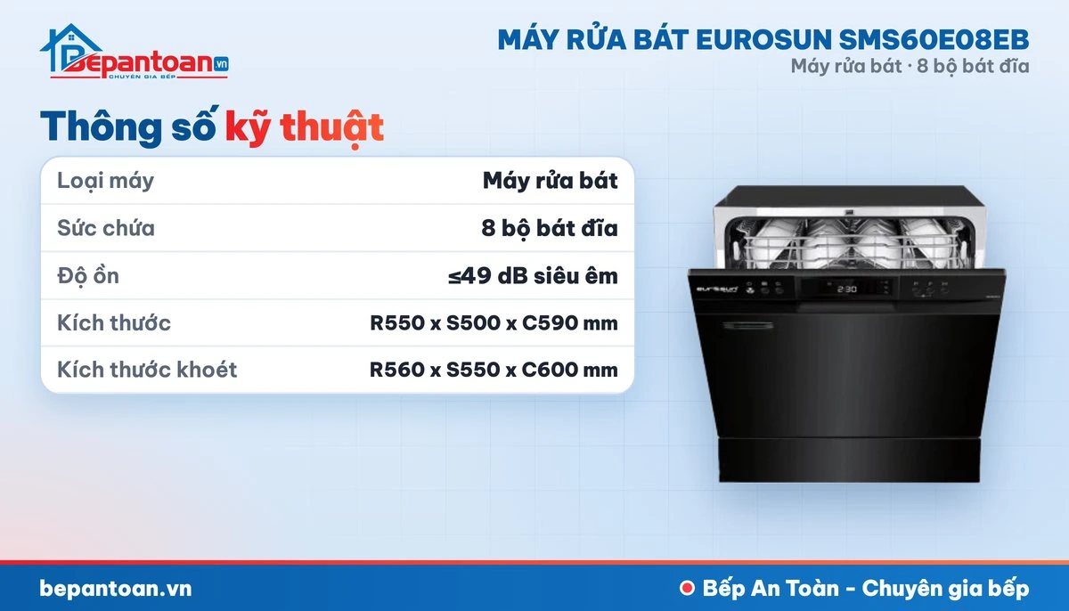 Máy rửa bát Eurosun SMS60E08EB - thông số kỹ thuật
