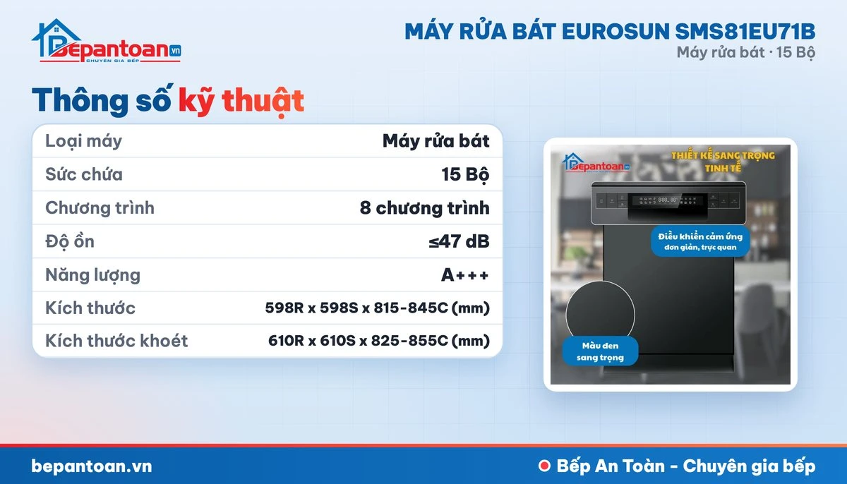 Máy rửa bát Eurosun SMS81EU71B - thông số kỹ thuật