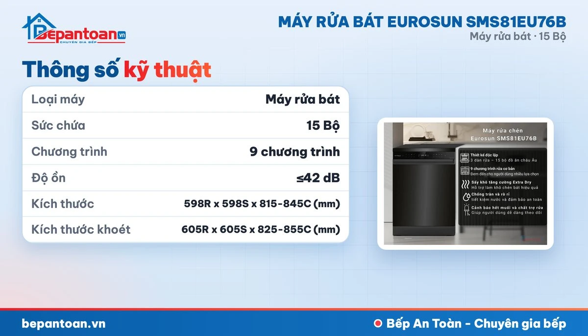 Máy rửa bát Eurosun SMS81EU76B - thông số kỹ thuật