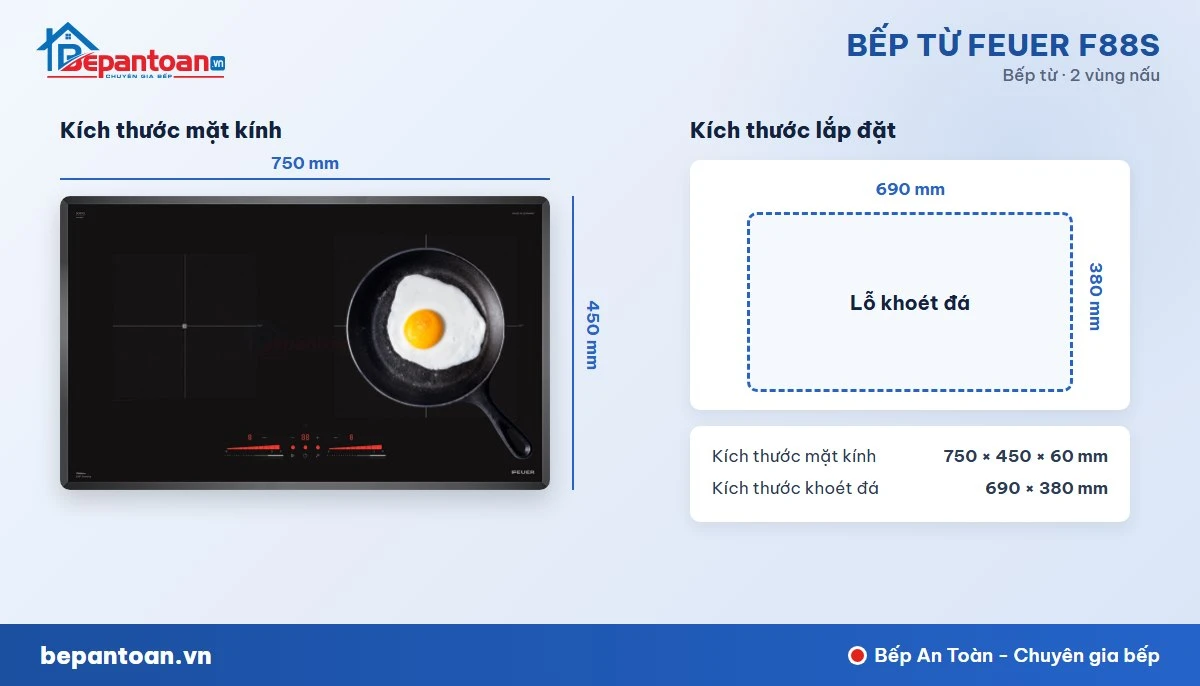 Bếp từ Feuer F88S - kích thước lắp đặt