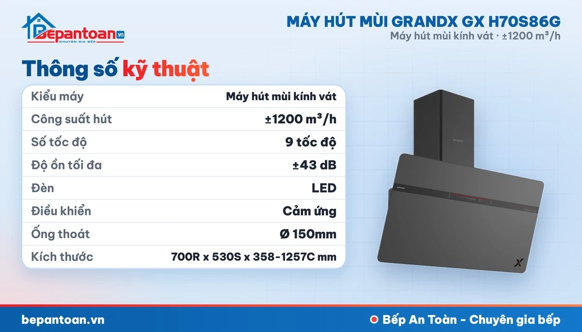 Máy hút mùi GrandX GX H70S86G - thông số kỹ thuật