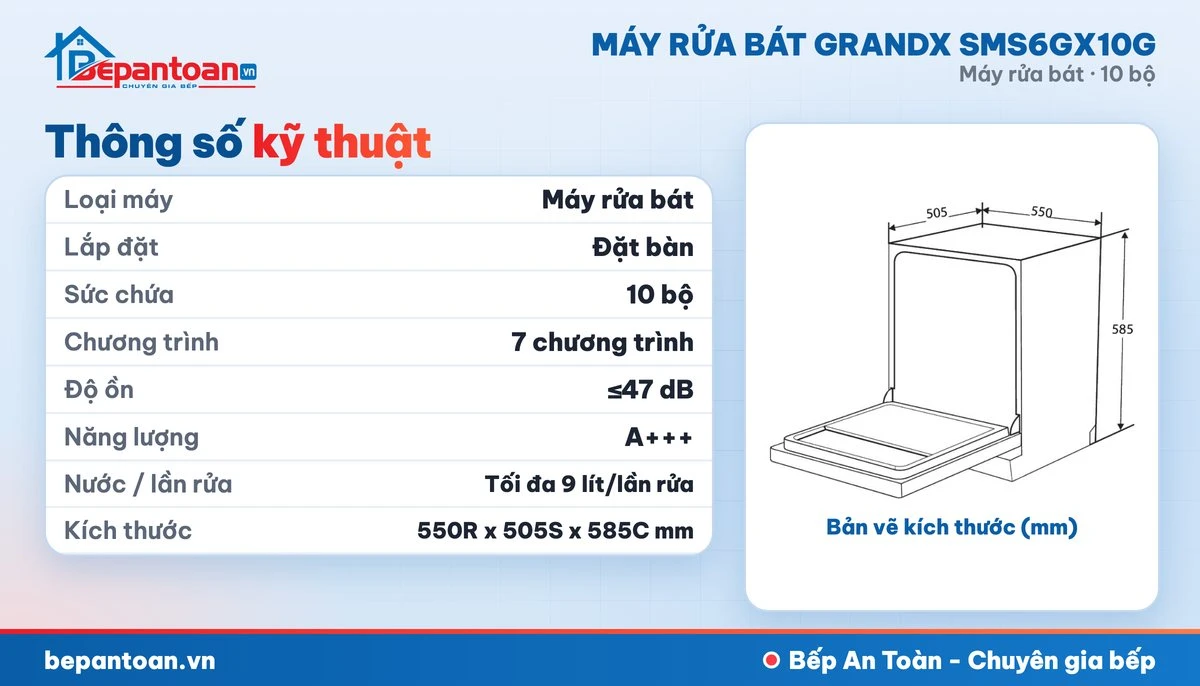 Thông số và bản vẽ kích thước máy rửa bát GrandX SMS6GX10G