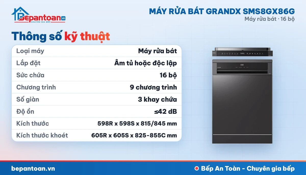 Máy rửa bát GrandX SMS8GX86G - thông số kỹ thuật