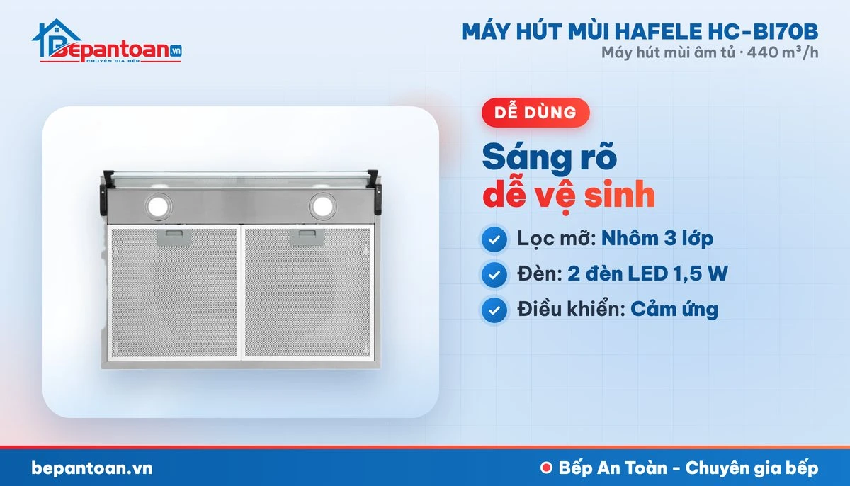 Máy hút mùi âm tủ Hafele HC-BI70B - lọc mỡ, đèn chiếu sáng, điều khiển