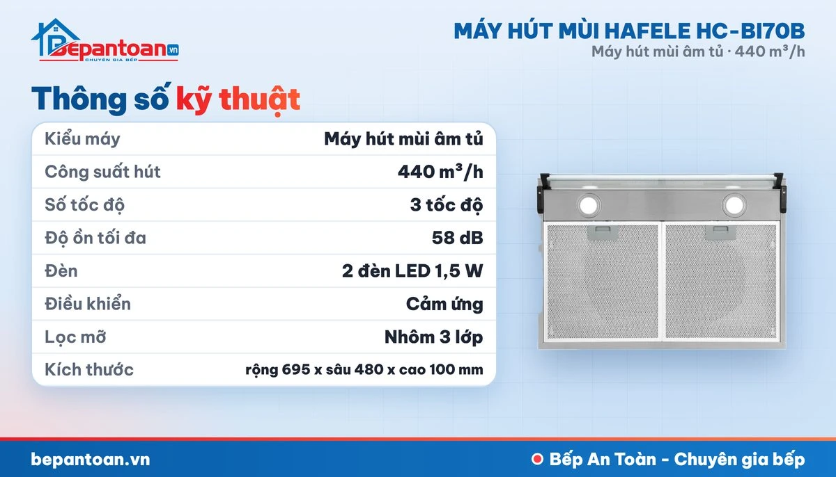 Máy hút mùi âm tủ Hafele HC-BI70B - thông số kỹ thuật