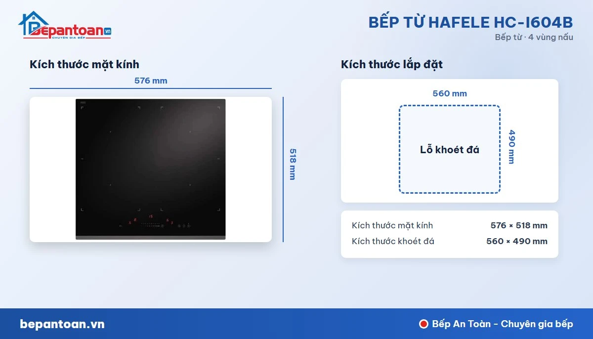 Bếp từ Hafele HC-I604B - kích thước lắp đặt