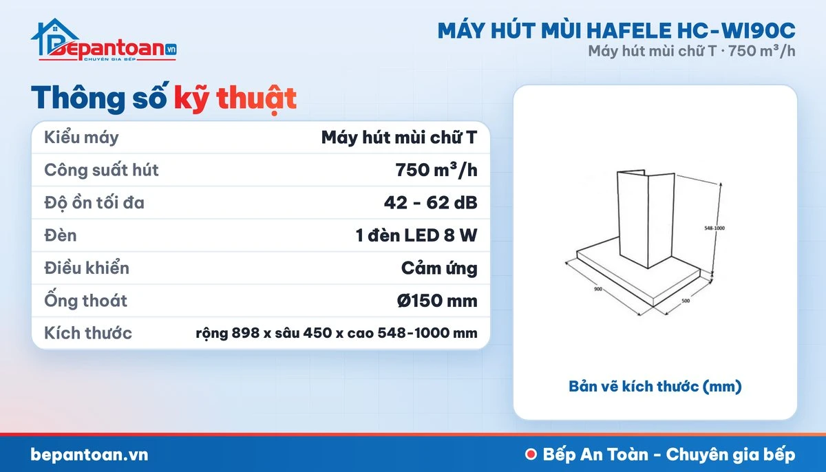 Máy hút mùi chữ T Hafele HC-WI90C - thông số kỹ thuật