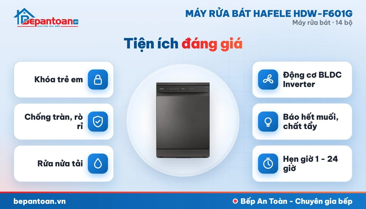 Máy rửa bát Hafele HDW-F601G - diệt khuẩn, sấy khô và an toàn