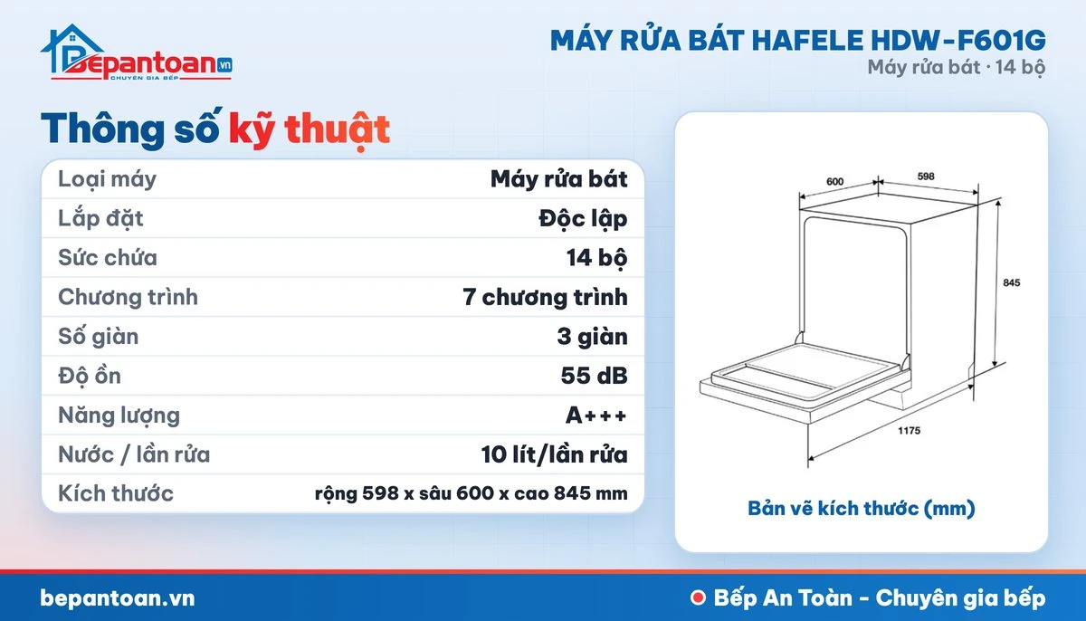 Máy rửa bát Hafele HDW-F601G - thông số kỹ thuật