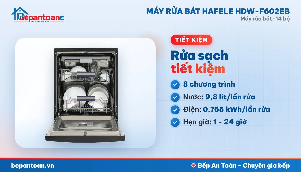 Máy rửa bát Hafele HDW-F602EB - 8 chương trình rửa, tiết kiệm điện nước