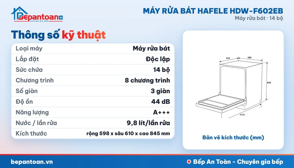 Máy rửa bát Hafele HDW-F602EB - thông số kỹ thuật