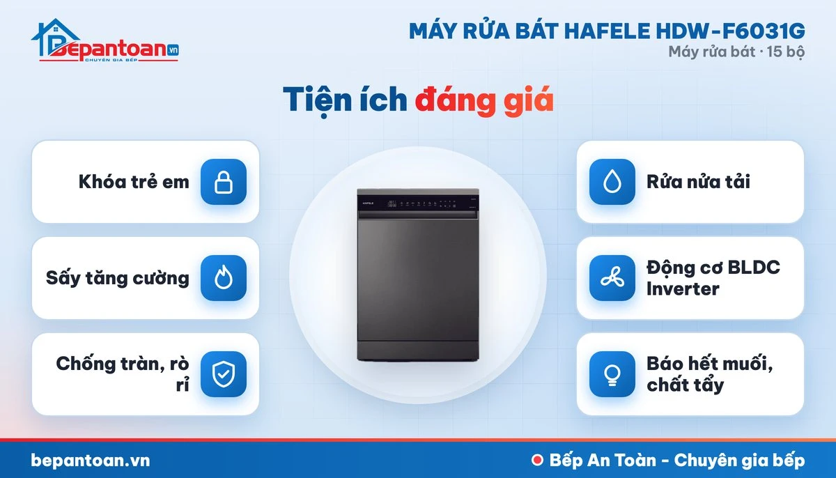 Máy rửa bát Hafele HDW-F6031G - diệt khuẩn, sấy khô và an toàn
