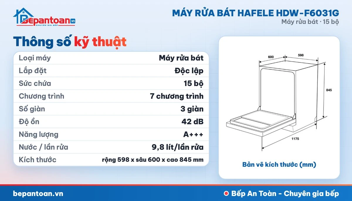 Máy rửa bát Hafele HDW-F6031G - thông số kỹ thuật