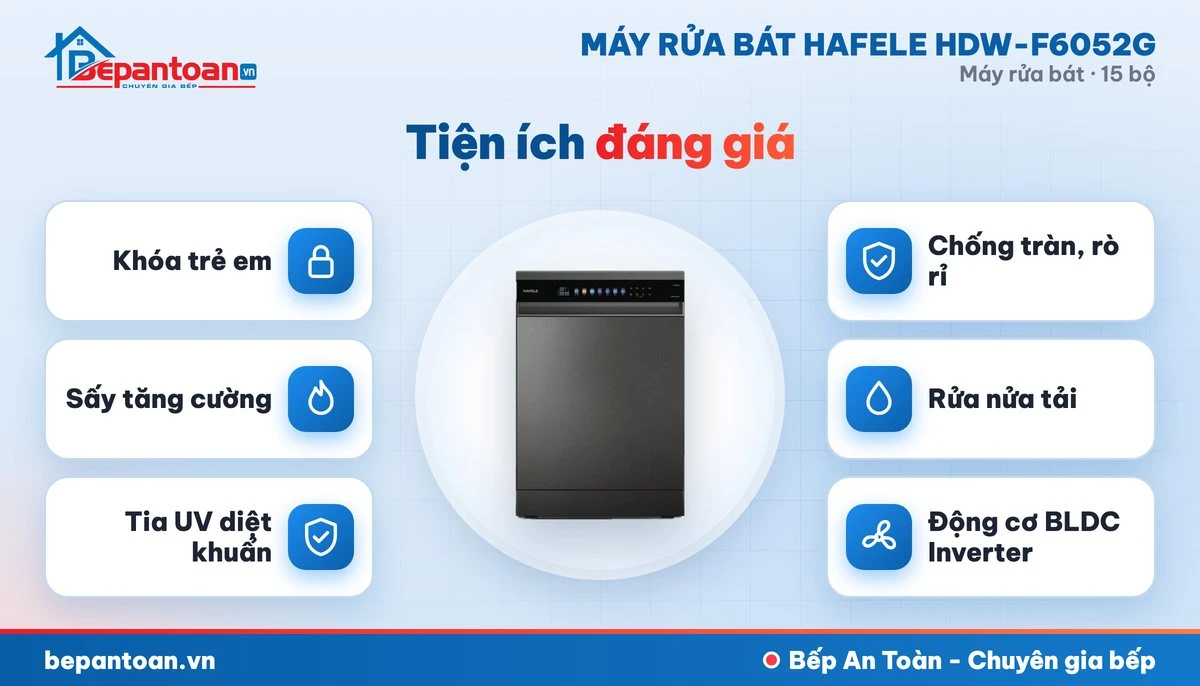 Máy rửa bát Hafele HDW-F6052G - diệt khuẩn, sấy khô và an toàn