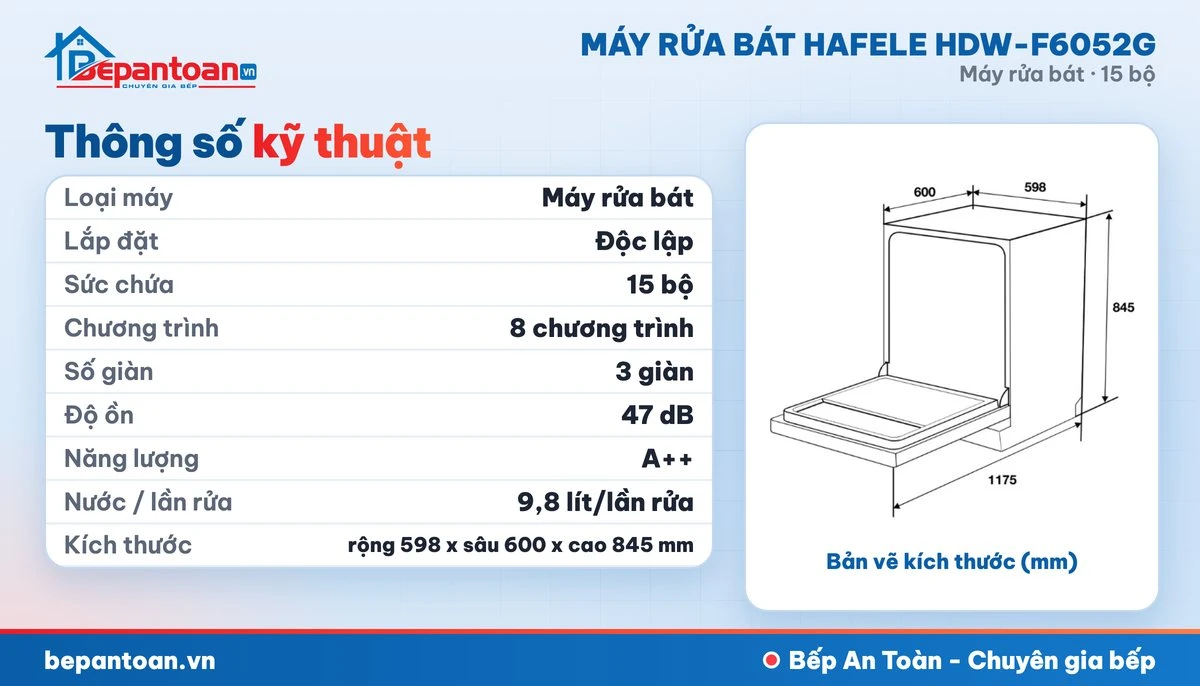 Máy rửa bát Hafele HDW-F6052G - thông số kỹ thuật