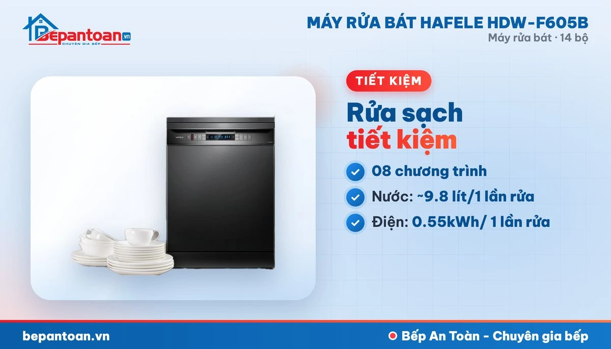 Máy rửa bát Hafele HDW-F605B - 8 chương trình rửa, tiết kiệm điện nước