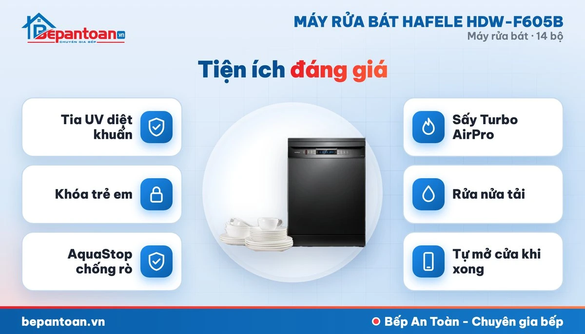 Máy rửa bát Hafele HDW-F605B - diệt khuẩn, sấy khô và an toàn