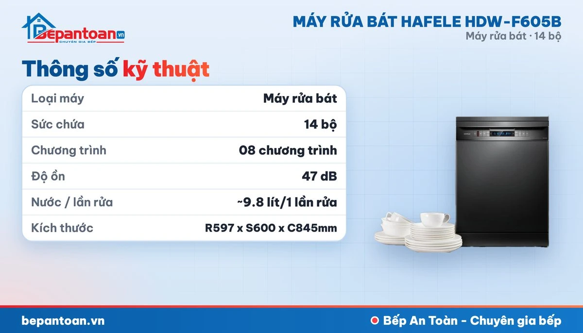 Máy rửa bát Hafele HDW-F605B - thông số kỹ thuật