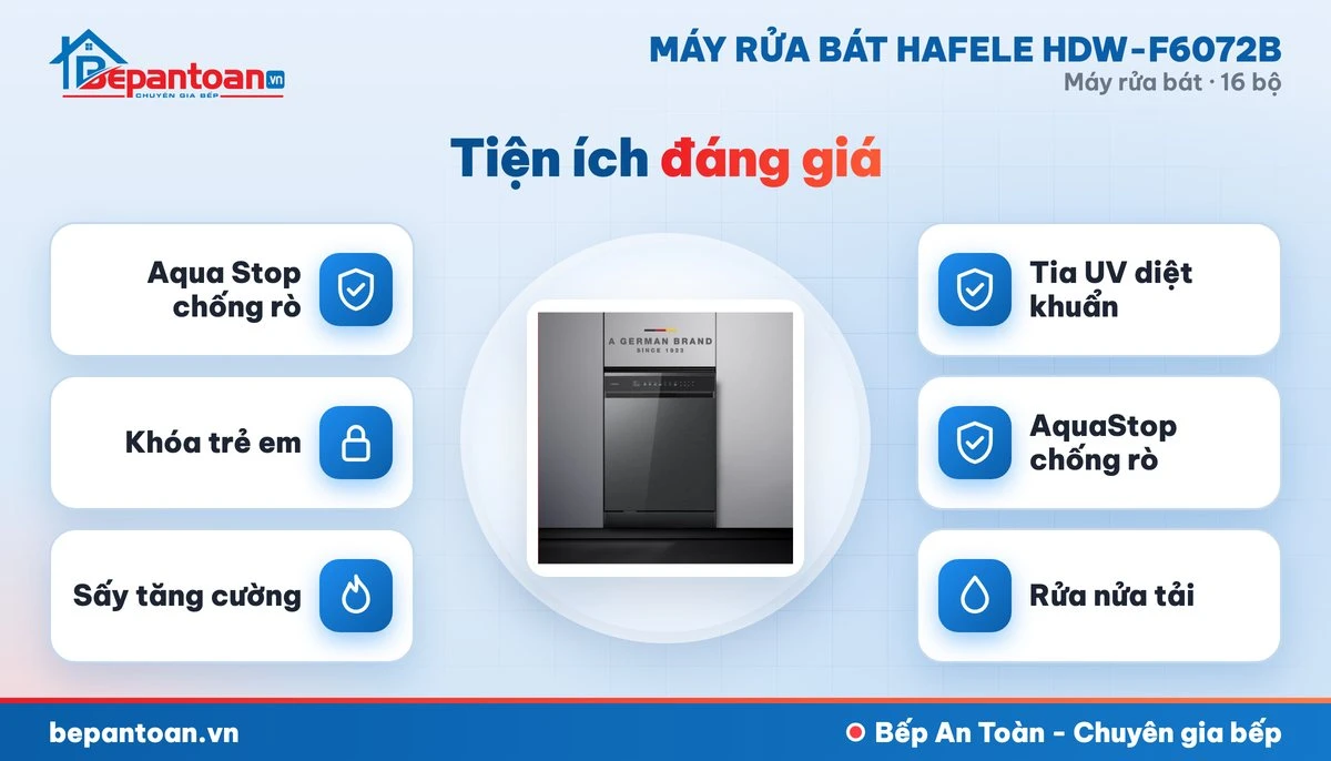 Máy rửa bát Hafele HDW-F6072B - diệt khuẩn, sấy khô và an toàn