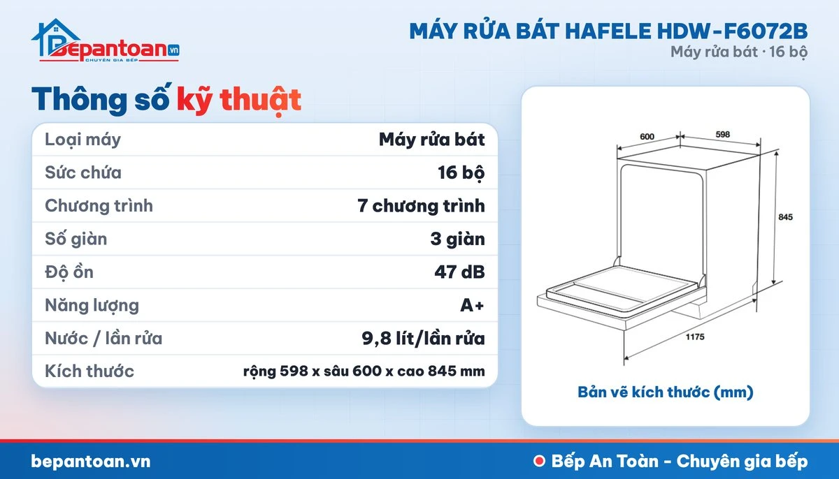 Máy rửa bát Hafele HDW-F6072B - thông số kỹ thuật