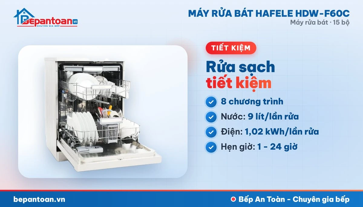 Máy rửa bát Hafele HDW-F60C - 8 chương trình rửa, tiết kiệm điện nước