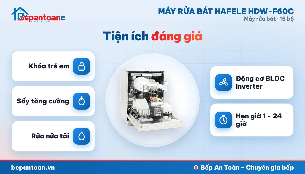 Máy rửa bát Hafele HDW-F60C - diệt khuẩn, sấy khô và an toàn