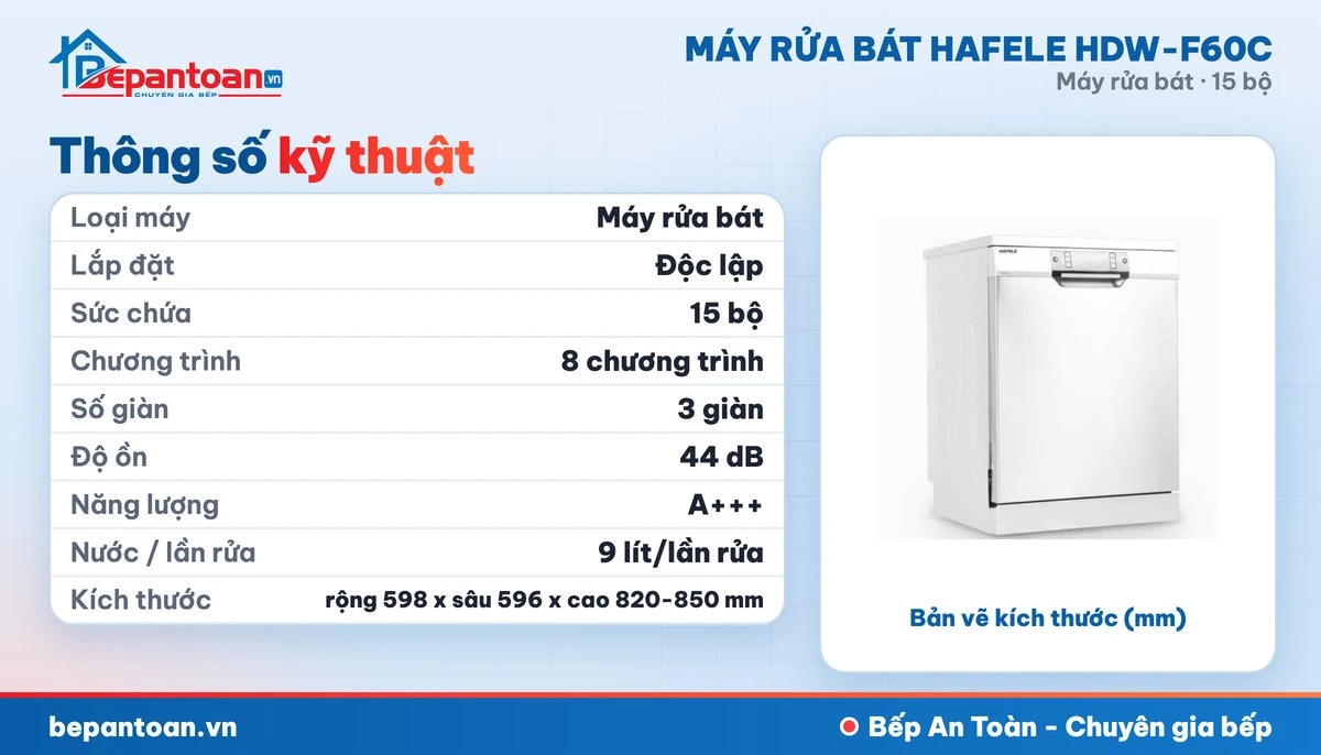 Máy rửa bát Hafele HDW-F60C - thông số kỹ thuật