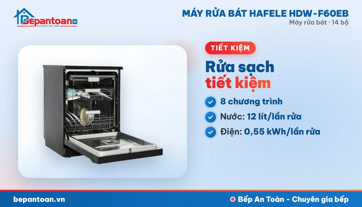 Máy rửa bát Hafele HDW-F60EB - 8 chương trình rửa, tiết kiệm điện nước