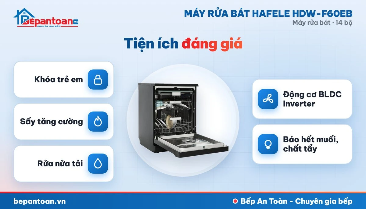 Máy rửa bát Hafele HDW-F60EB - diệt khuẩn, sấy khô và an toàn