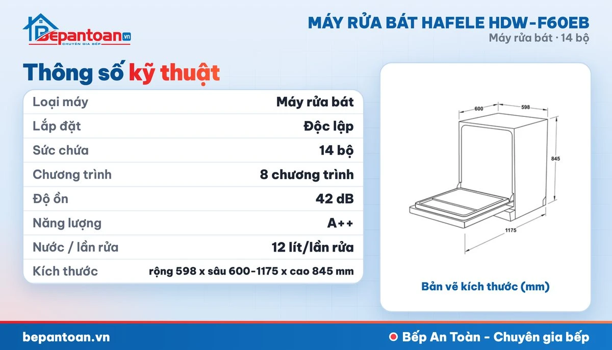 Máy rửa bát Hafele HDW-F60EB - thông số kỹ thuật